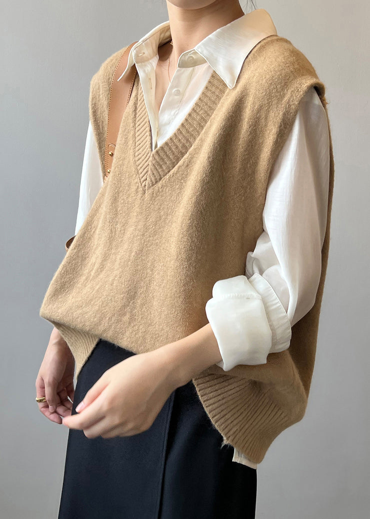 Simple Khaki V Neck Cozy Cashmere Knit Waistcoat Sleeveless