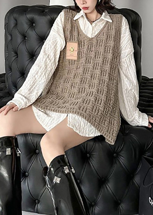 Simple Khaki V Neck Hollow Out Low High Design Knit Waistcoat Spring