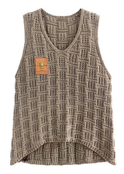 Simple Khaki V Neck Hollow Out Low High Design Knit Waistcoat Spring