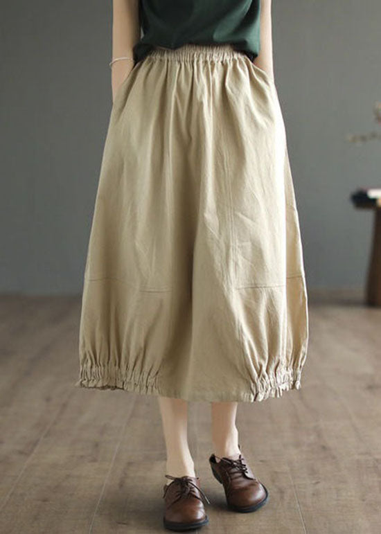 Simple Khaki Wrinkled Pockets Elastic Waist Patchwork Cotton Skirts Spring