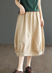 Simple Khaki Wrinkled Pockets Elastic Waist Patchwork Cotton Skirts Spring