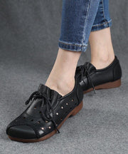 Simple Lace Up Flat Feet Shoes Black Cowhide Leather Hollow Out Penny Loafers - SooLinen