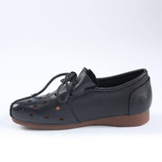 Simple Lace Up Flat Feet Shoes Black Cowhide Leather Hollow Out Penny Loafers - SooLinen