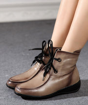 Simple Lace Up Splicing Wedge Boots Coffee Cowhide Leather