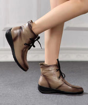 Simple Lace Up Splicing Wedge Boots Coffee Cowhide Leather