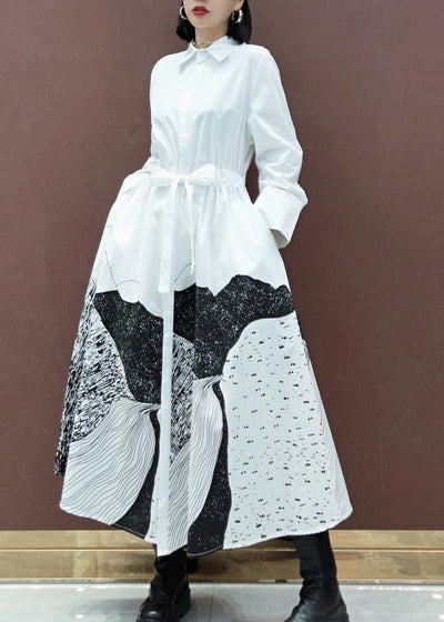 Simple Lapel Drawstring Spring Dresses Work Outfits White Print A Line Dress - SooLinen