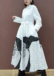 Simple Lapel Drawstring Spring Dresses Work Outfits White Print A Line Dress - SooLinen