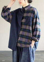 Simple Lapel Patchwork Tops Women Blouses Wardrobes Blue Plaid Blouse - SooLinen