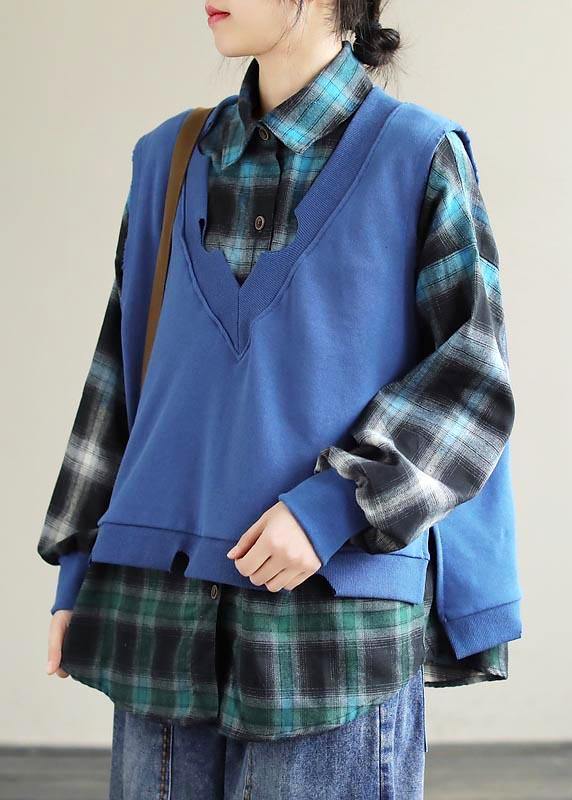 Simple Lapel Two Pieces Spring Crane Tops Work Outfits Blue Top - SooLinen