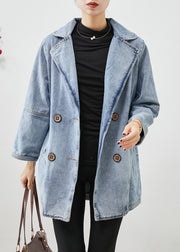 Simple Light Blue Double Breast Patchwork Denim Jackets Fall