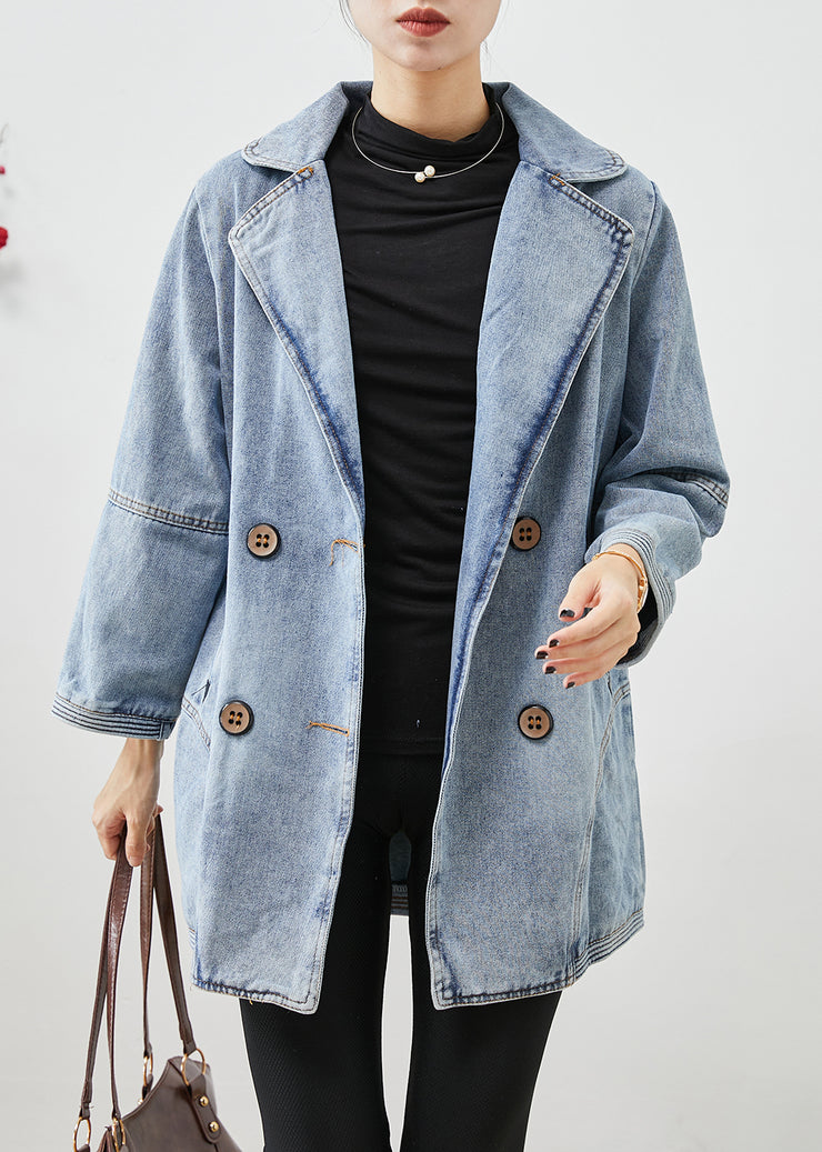 Simple Light Blue Double Breast Patchwork Denim Jackets Fall