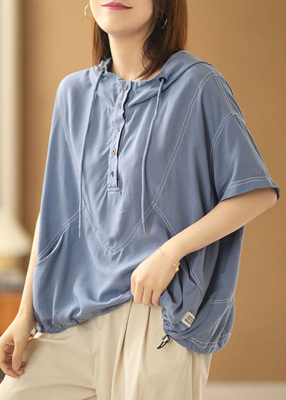 Simple Light Blue Drawstring Hooded Cotton Sweatshirt Streetwear Short Sleeve