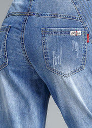 Simple Light Blue High Waist Pockets Cotton Denim Crop Pants Summer