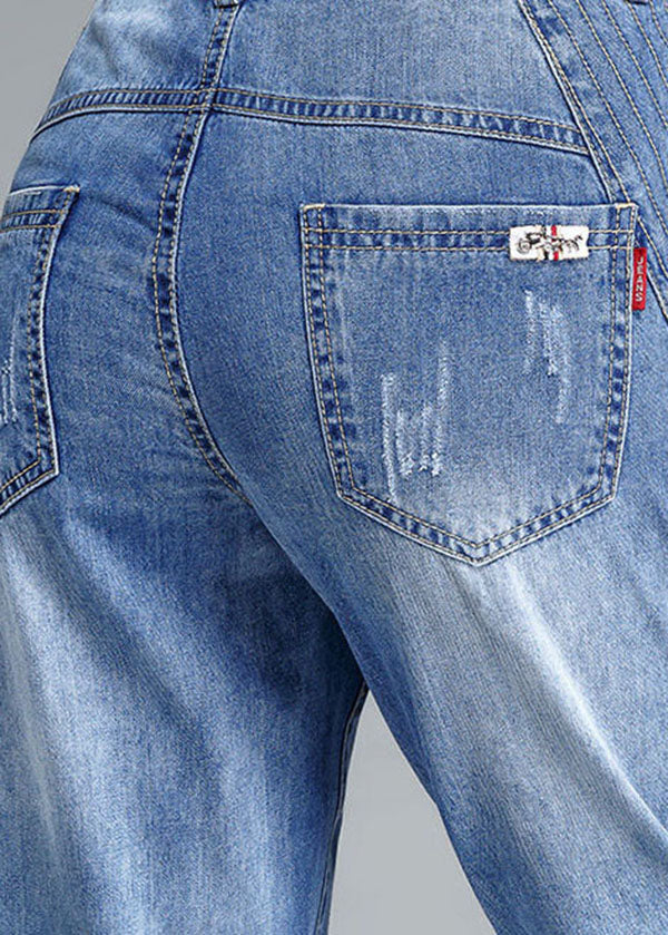 Simple Light Blue High Waist Pockets Cotton Denim Crop Pants Summer