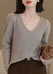 Simple Light Camel V Neck Nail Bead Patchwork Woolen Sweater Tops Fall