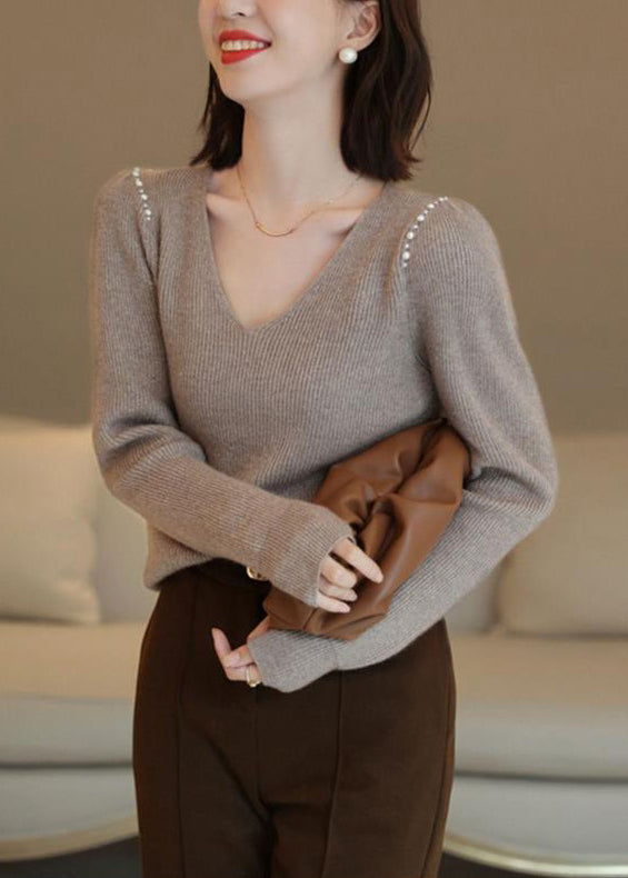 Simple Light Camel V Neck Nail Bead Patchwork Woolen Sweater Tops Fall