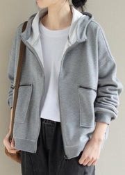 Simple Light Gray Fashion Coat For Woman Tops Hooded Zip Up Spring Coats - SooLinen