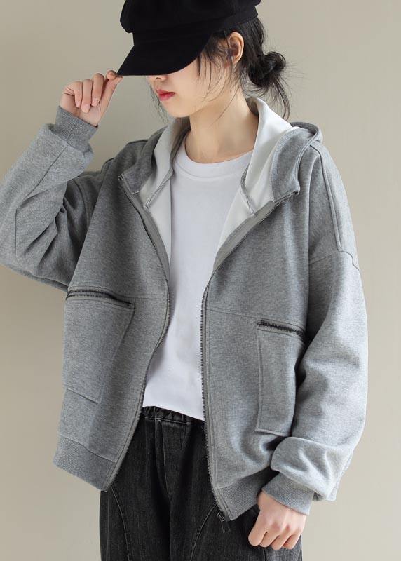 Simple Light Gray Fashion Coat For Woman Tops Hooded Zip Up Spring Coats - SooLinen