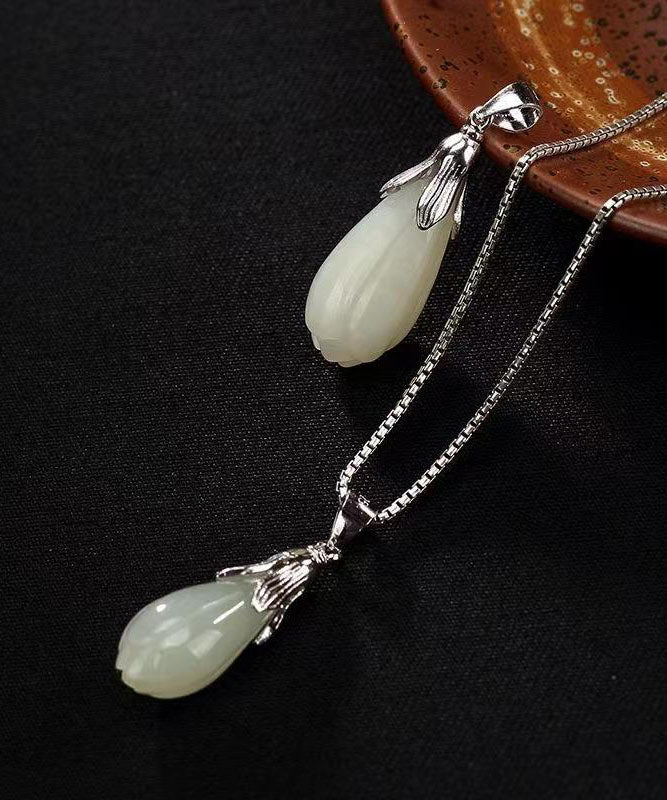 Simple Light Green Sterling Silver Inlaid Jade Orchid Pendant Necklace