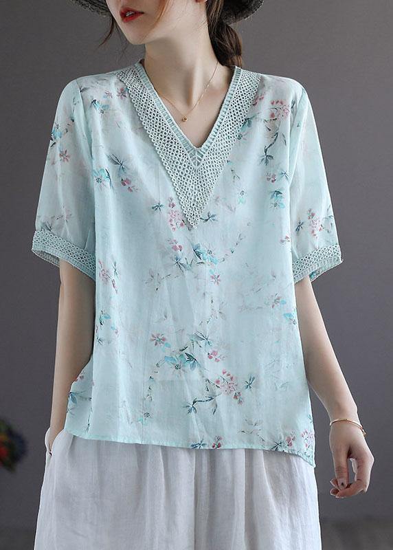 Simple Light Green V-Neck Print Floral Summer Ramie Shirt Top Short Sleeve - SooLinen