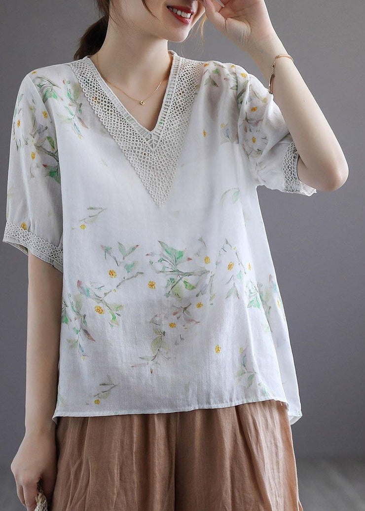 Simple Light Green V-Neck Print Floral Summer Ramie Shirt Top Short Sleeve - SooLinen
