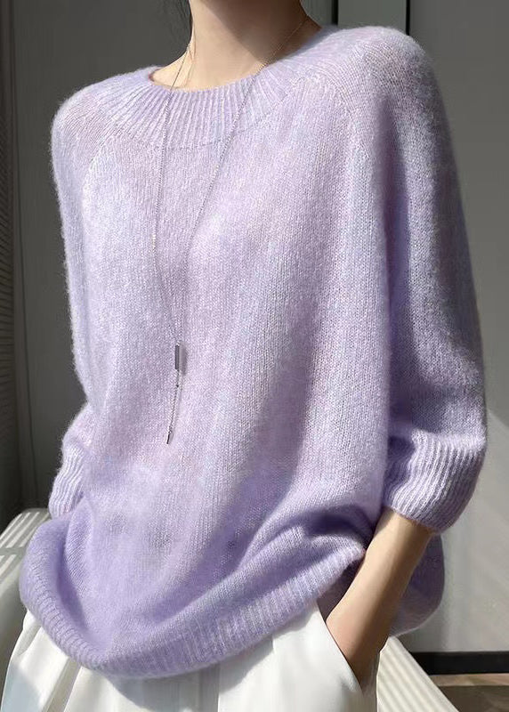 Simple Light Grey O Neck Thin Cashmere Sweater Tops Bracelet Sleeve