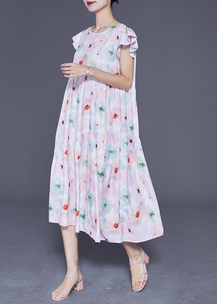 Simple Light Pink Print Patchwork Wrinkled Cotton Holiday Dress Summer