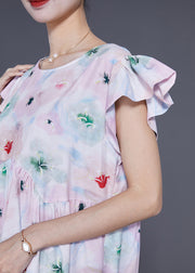 Simple Light Pink Print Patchwork Wrinkled Cotton Holiday Dress Summer