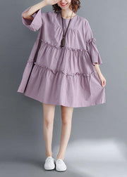 Simple Light Purple O-Neck Tiered Cotton Summer Dress - SooLinen
