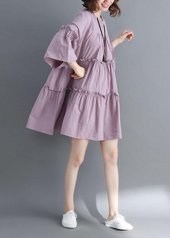 Simple Light Purple O-Neck Tiered Cotton Summer Dress - SooLinen
