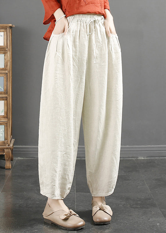 Simple Linen Pockets Elastic Waist Linen Crop Pants Fall