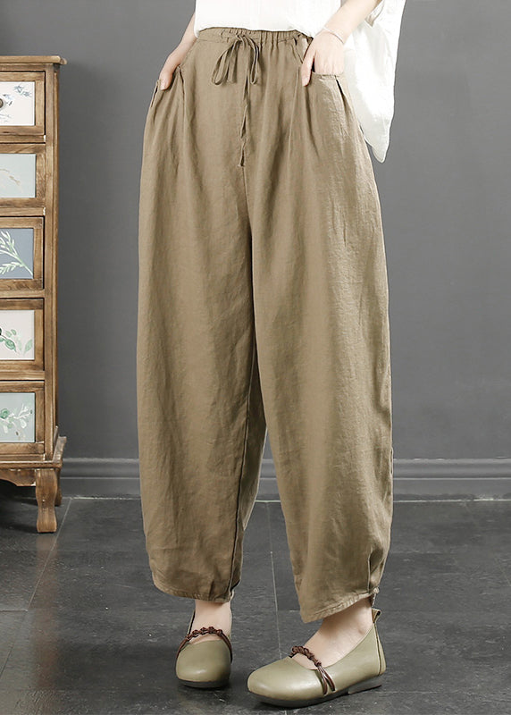 Simple Linen Pockets Elastic Waist Linen Crop Pants Fall