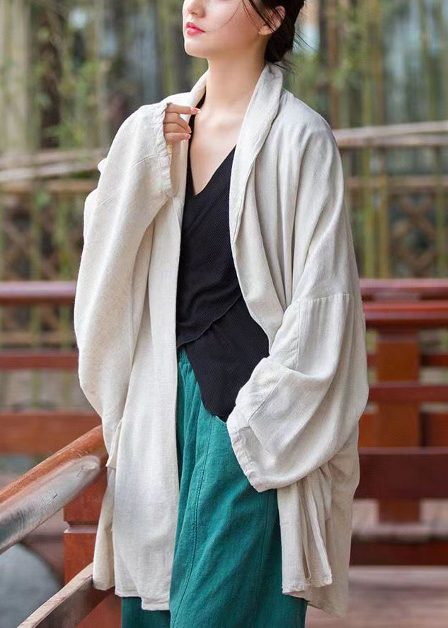Simple Linen Stand Collar Pockets Cotton Thin Cardigan Batwing Sleeve