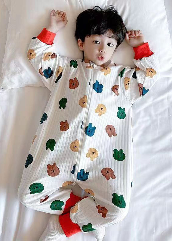 Simple Little Bear Print Zip Up Cotton Kids Pajamas Jumpsuits Spring