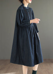 Simple Navy Button Wrinkled Patchwork Denim Shirts Dress Fall