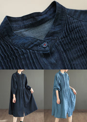 Simple Navy Button Wrinkled Patchwork Denim Shirts Dress Fall