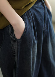 Simple Navy Elastic Waist Striped Line Pocket Cotton Denim Harem Pants Spring