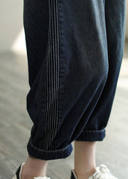 Simple Navy Elastic Waist Striped Line Pocket Cotton Denim Harem Pants Spring
