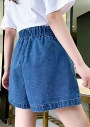Simple Navy Elastic Waist drawstring Pockets Cotton wide leg Pants Shorts Summer