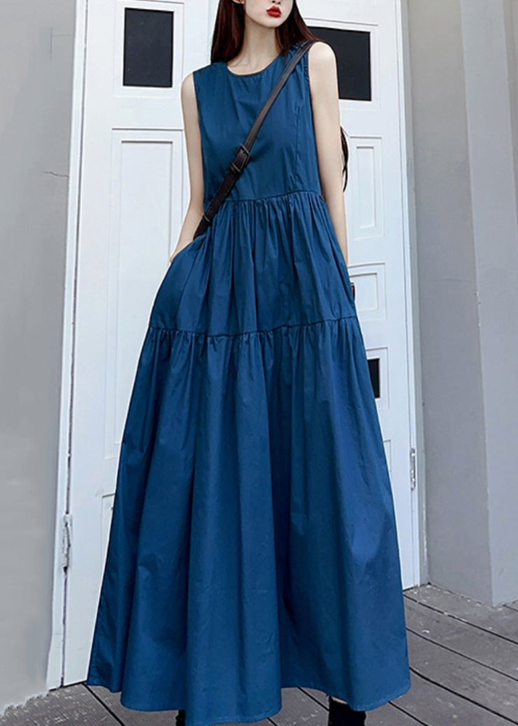 Simple Navy O Neck Wrinkled Pockets Patchwork Cotton Long Dresses Sleeveless