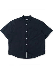 Simple Navy Peter Pan Collar Button Pockets Fall Shirt Half Sleeve