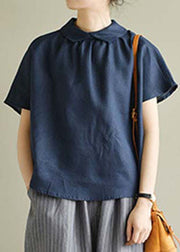 Simple Navy Peter Pan Collar Solid Color Linen Shirts Short Sleeve