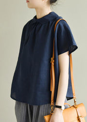 Simple Navy Peter Pan Collar Solid Color Linen Shirts Short Sleeve