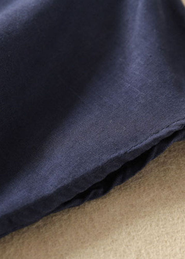 Einfache Marineblaue Peter-Pan-Kragen-einfarbige Leinenhemden mit kurzen Ärmeln