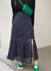 Simple Navy Wrinkled Patchwork Print Chiffon Skirts Spring