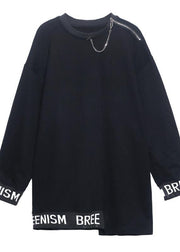 Simple O Neck Asymmetric Spring Tunics For Women Black Letter Tops - SooLinen