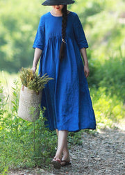 Simple O Neck Patchwork Summer Tunic Blue Dress - SooLinen