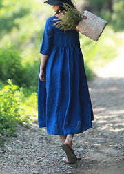 Simple O Neck Patchwork Summer Tunic Blue Dress - SooLinen