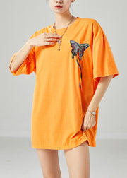 Simple Orange Embroidered Butterfly Tassel Cotton Tank Summer