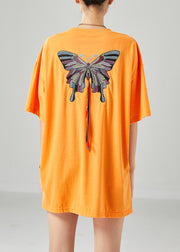 Simple Orange Embroidered Butterfly Tassel Cotton Tank Summer